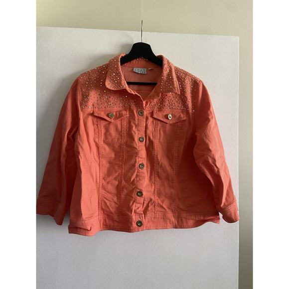 Joan Rivers Jackets & Blazers - JOAN RIVERS Jean Jacket w/ STUDS Sequins Size L Orange Stretchy Bright Preppy